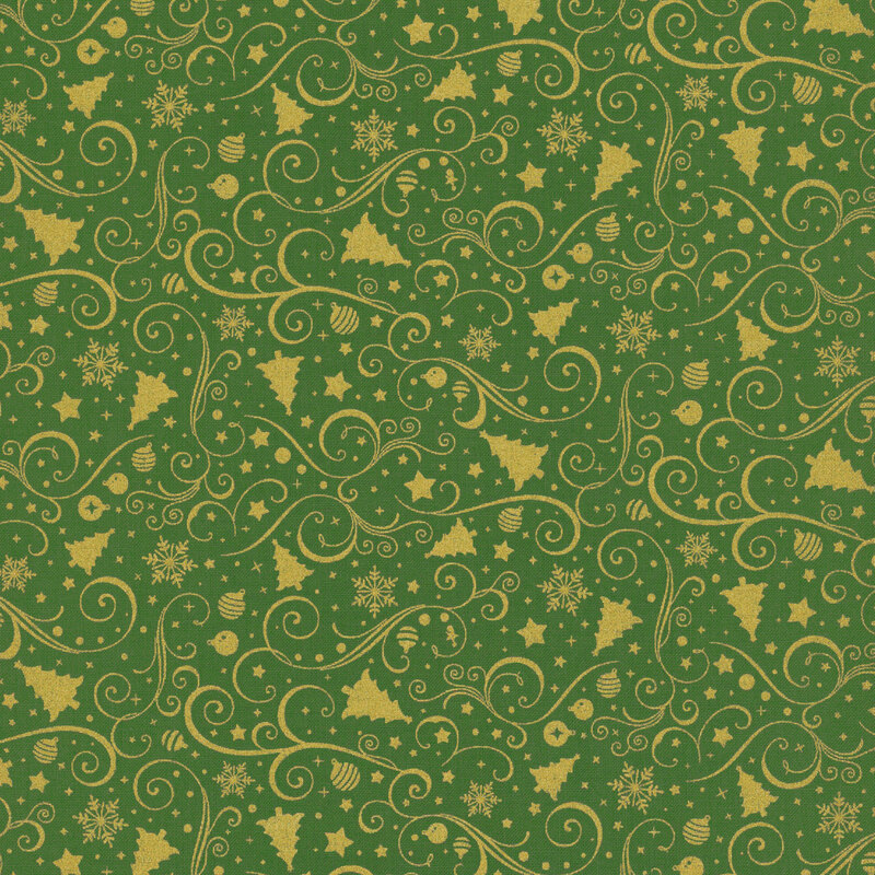 Christmas-themed pattern featuring gold swirls, trees, stars, and snowflakes on a green background.