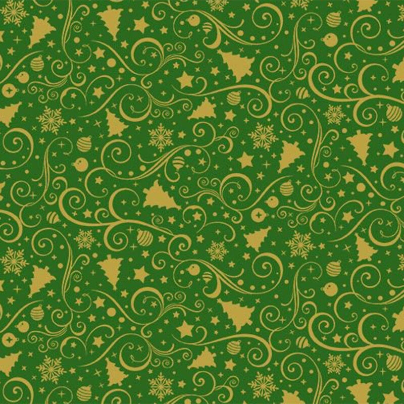 Christmas-themed pattern featuring gold swirls, trees, stars, and snowflakes on a green background.