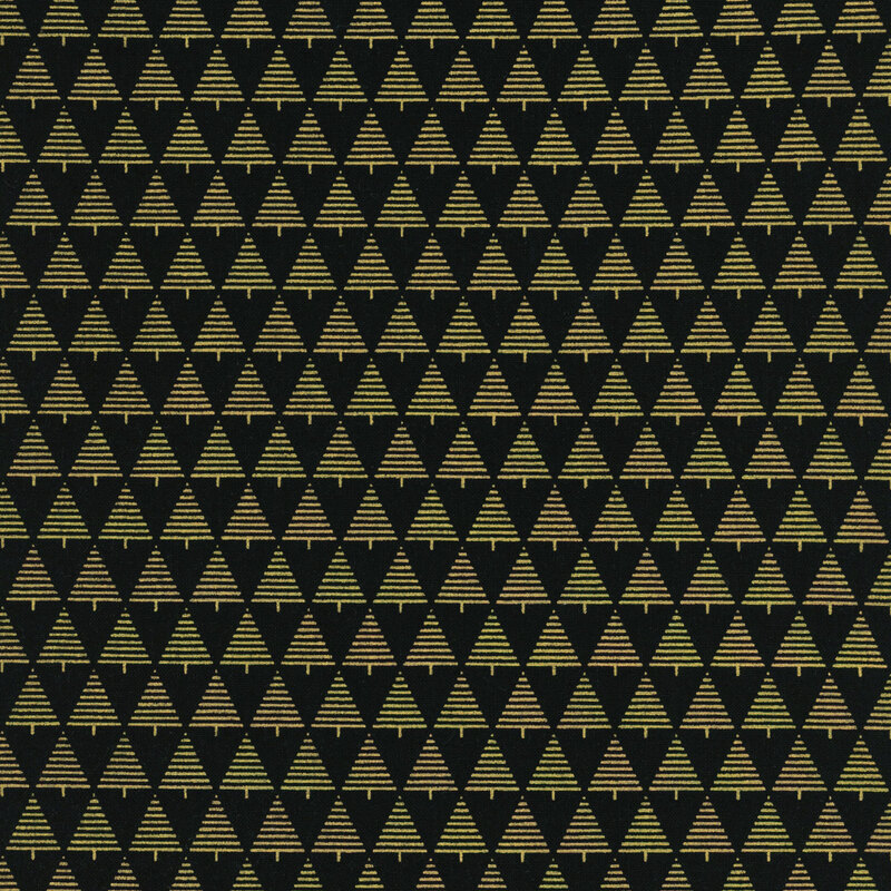 Pattern of gold striped trees on a black background, arranged in a repeating grid.