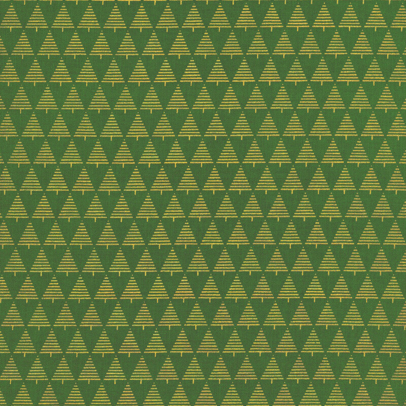 Pattern of small, stylized golden pine trees on a dark green background.