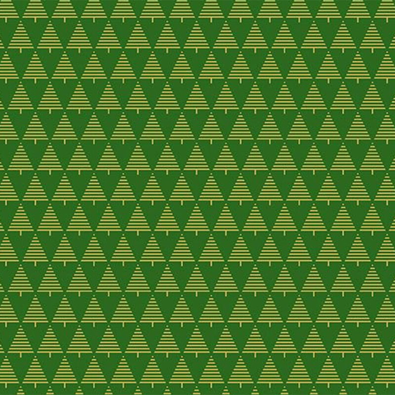 Pattern of small, stylized golden pine trees on a dark green background.