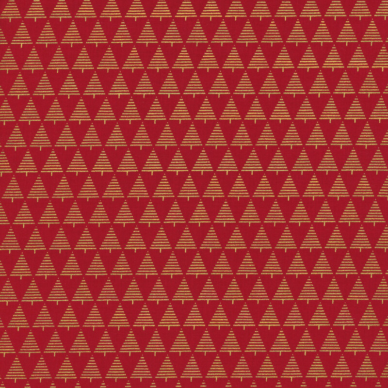 Red fabric featuring a repeating pattern of golden Christmas trees.