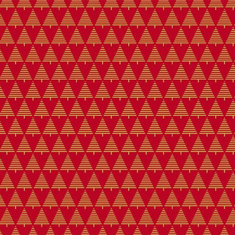 Red fabric featuring a repeating pattern of golden Christmas trees.