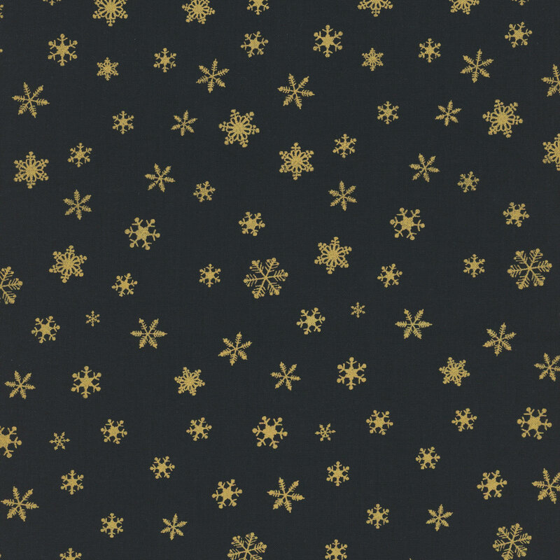 Black fabric with scattered gold metallic snowflakes.