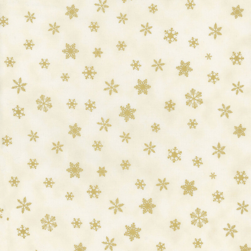 A light cream background scattered with various golden snowflakes of different sizes.