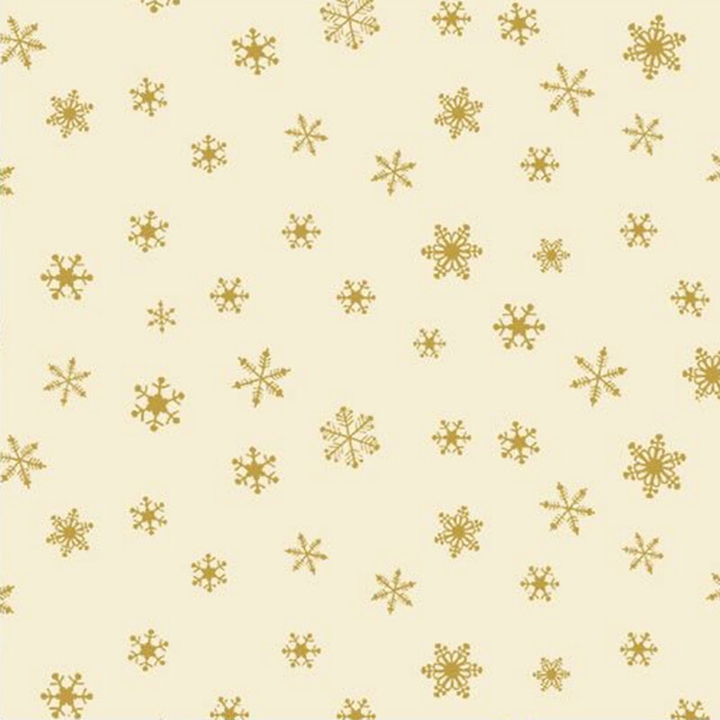 A light cream background scattered with various golden snowflakes of different sizes.