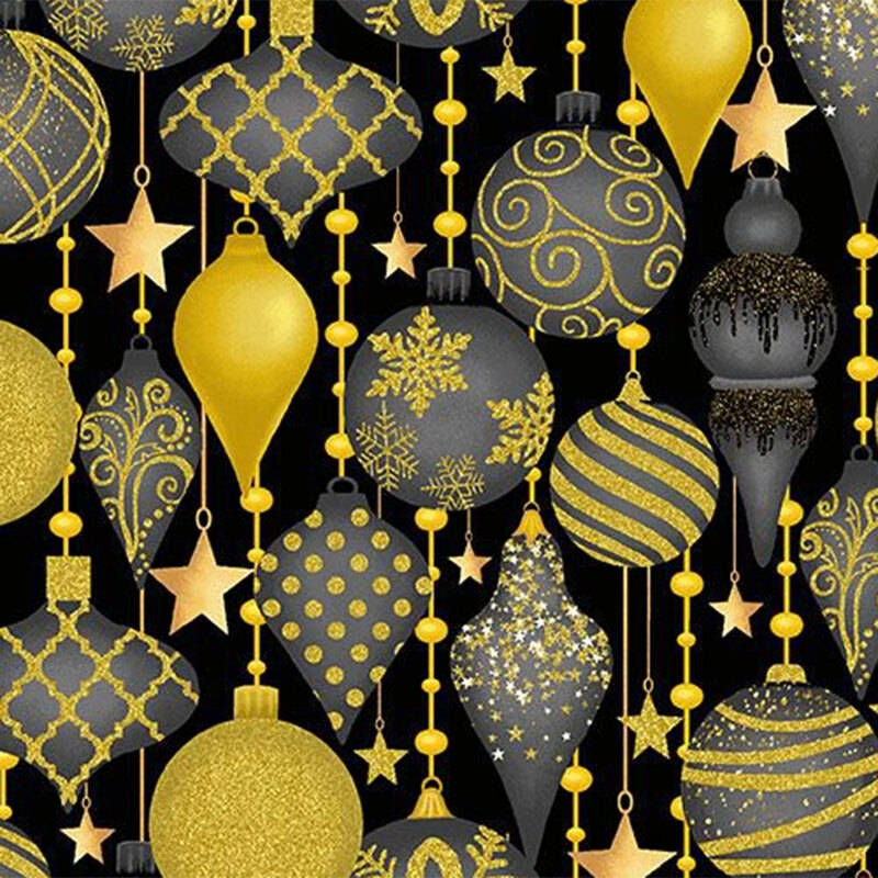 Pattern of gold and black Christmas ornaments and stars on a dark background.