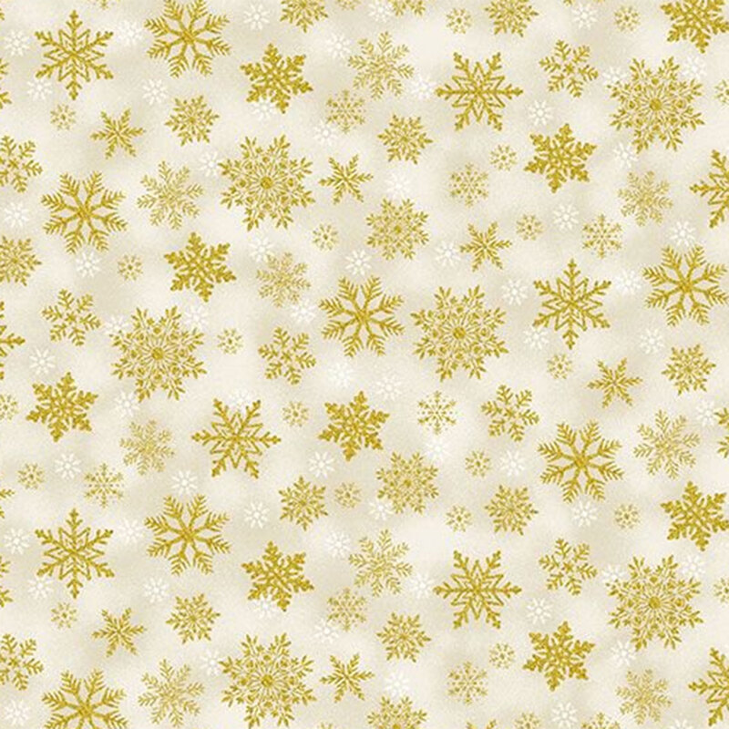 A repeating pattern of gold snowflakes on a light cream background.