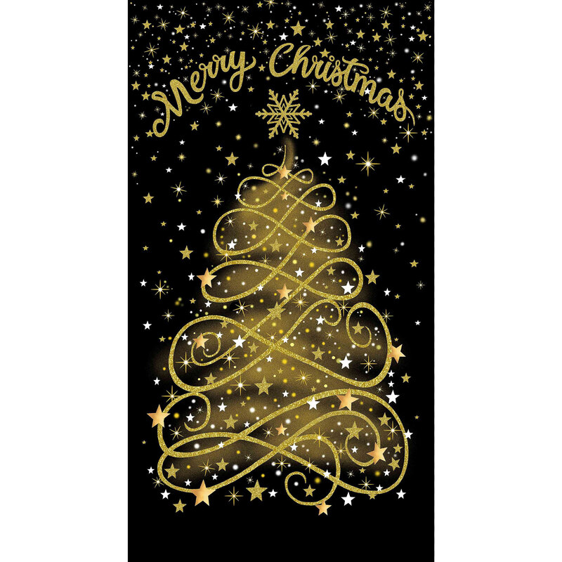 Gold Christmas tree design with swirling decorations and Merry Christmas text on a black fabric.