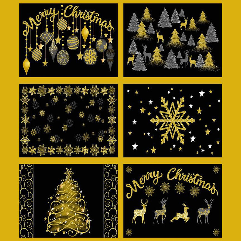 Panel with six festive Christmas designs featuring gold ornaments, trees, and snowy patterns.