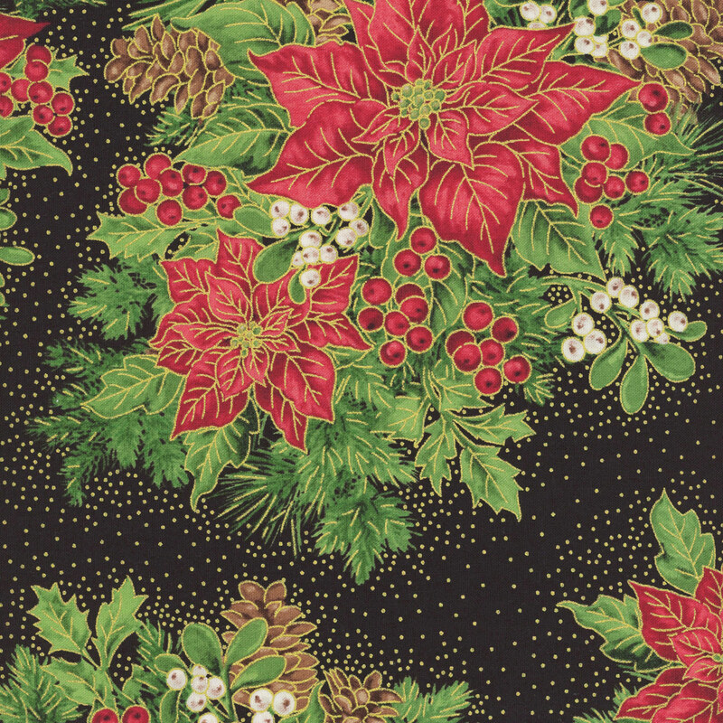 Black fabric with clusters of large red poinsettias and foliage with gold metallic pinprick accents and in the background.