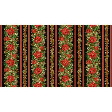 Black fabric with red and green stripes, garlands of holly, and clusters of large red poinsettias and foliage with gold metallic accents. showing full width of fabric.