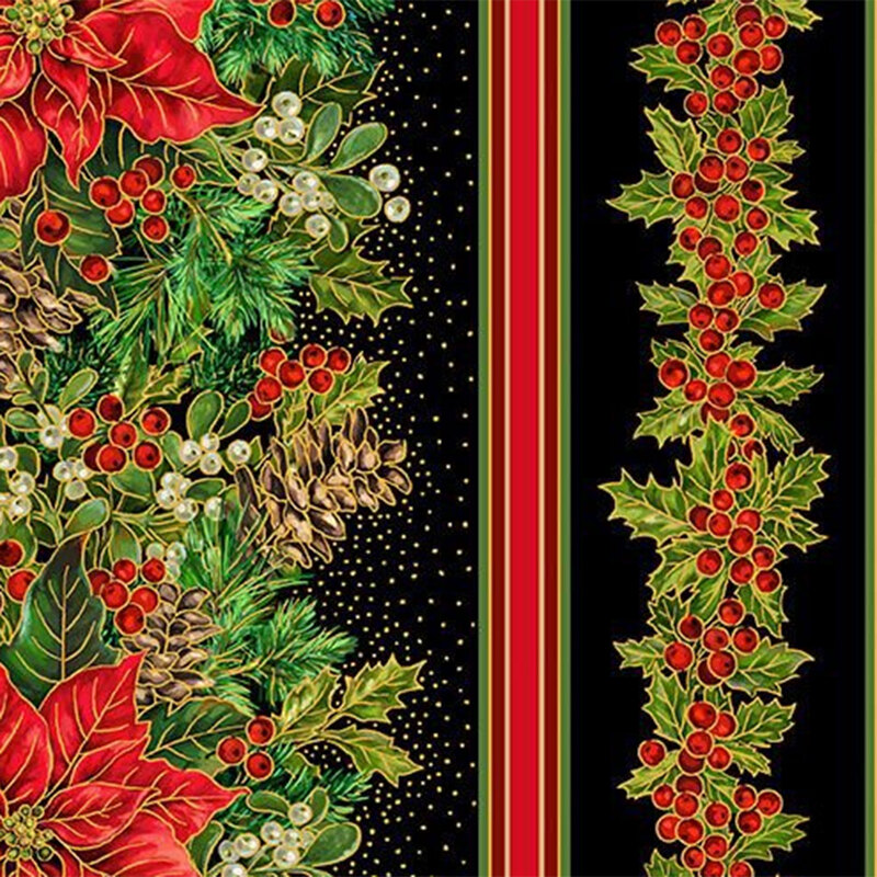 Black fabric with red and green stripes, garlands of holly, and clusters of large red poinsettias and foliage with gold metallic accents.