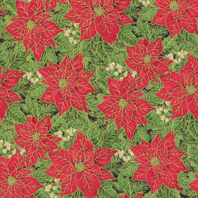 Green fabric with large red poinsettias and leaves with gold metallic accents.