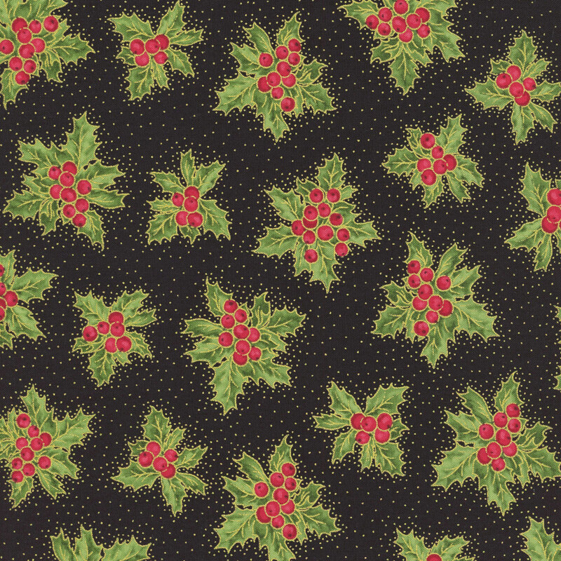 Black fabric with tossed clusters of holly leaves and berries with gold metallic accents across the design and in pinpricks in the background.