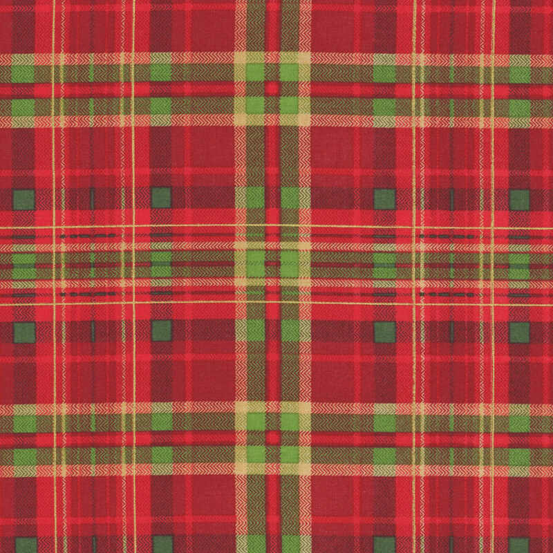 Red, green, and yellow plaid fabric with gold metallic accents.
