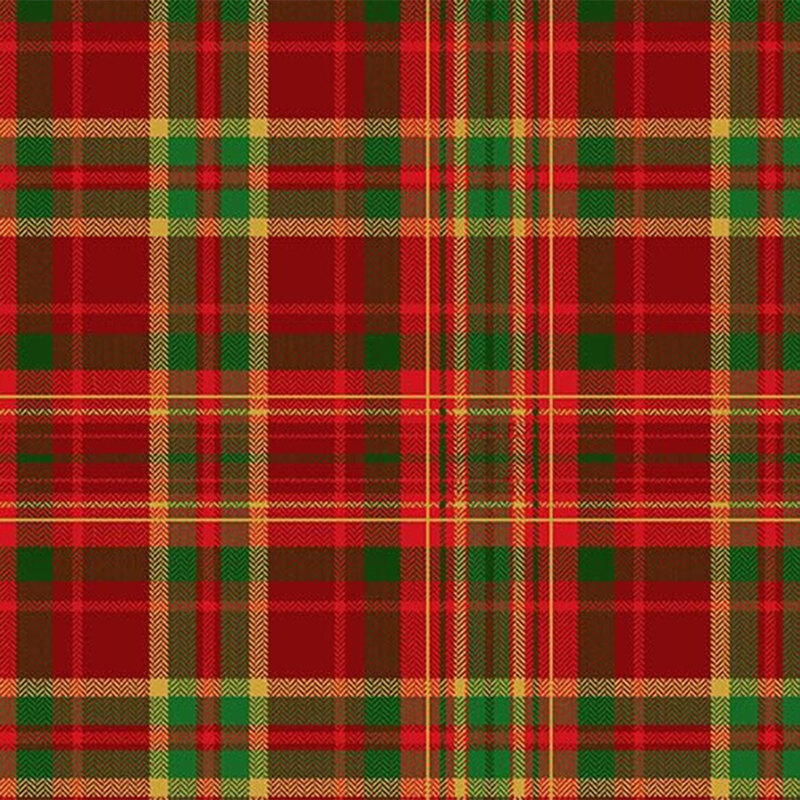 Red, green, and yellow plaid fabric with gold metallic accents.