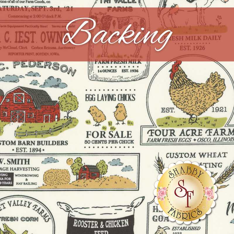 Swatch of cream fabric featuring newsprint style ads with assorted farm scenes and farm animals in red, yellow, green, and blue tones. A red banner at the top reads 