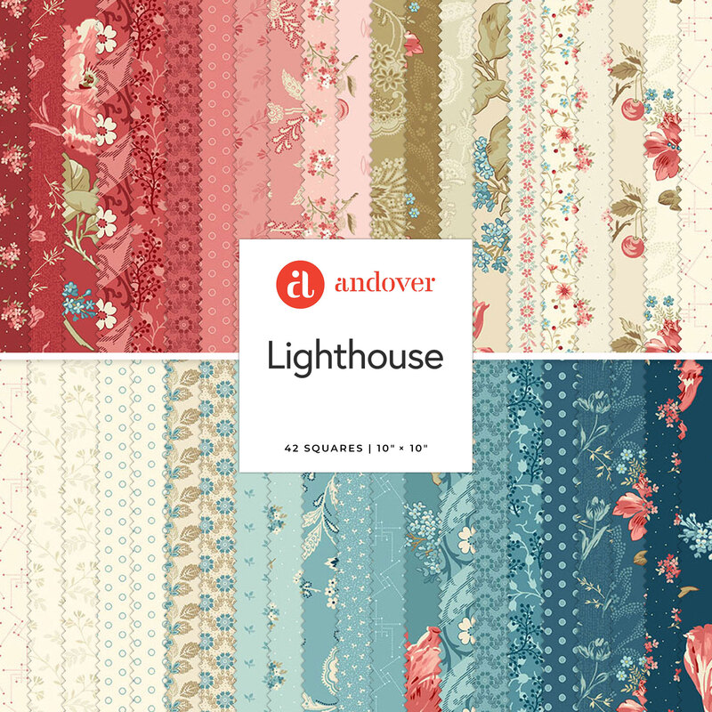 A collage of the red, blue, cream, and gold fabrics included in the Lighthouse 10