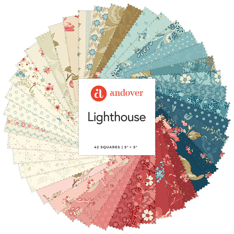 A spiral collage of the red, blue, cream, and gold fabrics included in the Lighthouse 5