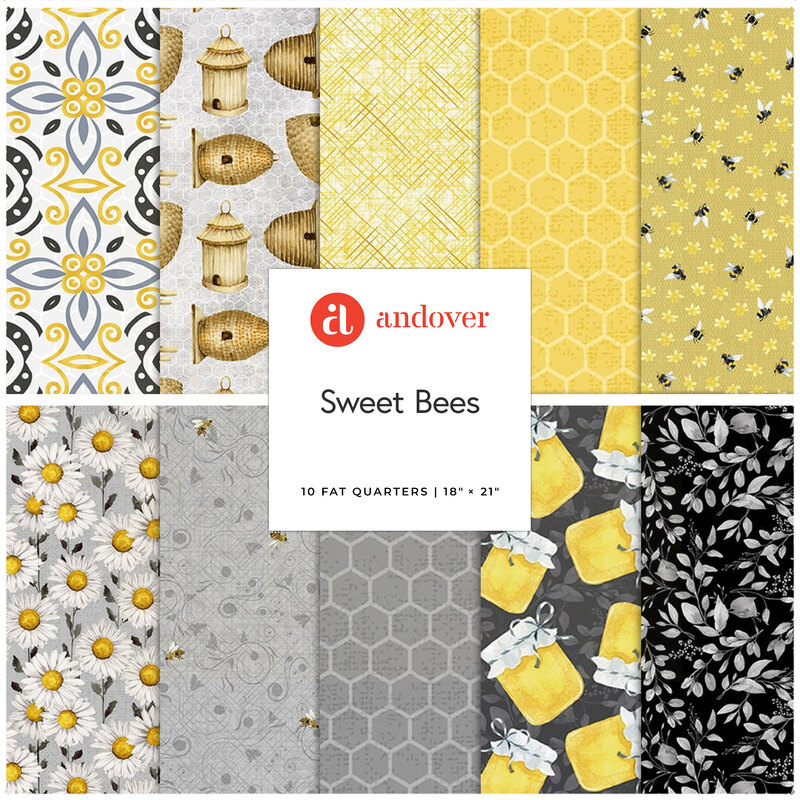 Collage of bee themed fabrics in various yellows, grays, and blacks available in the Sweet Bees 10 FQ set