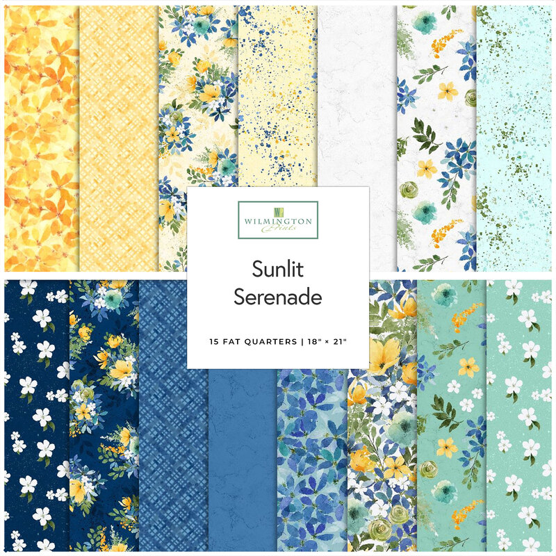 A stacked collage of yellow, white, blue, and teal summertime floral fabrics