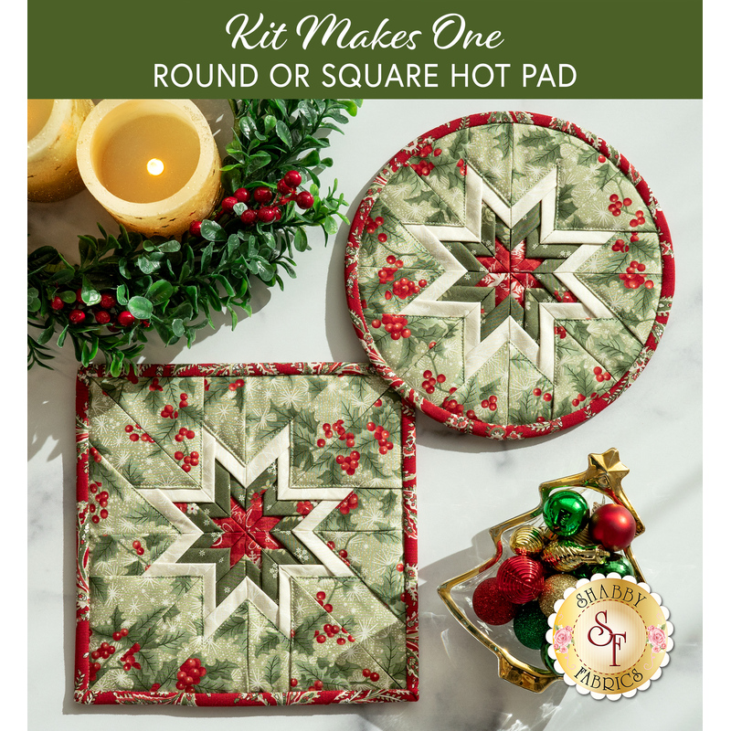 Two completed green Folded Star Hot Pads, one round and one square, staged on a white striated countertop with coordinating decor like garlands, candles, and ornaments.