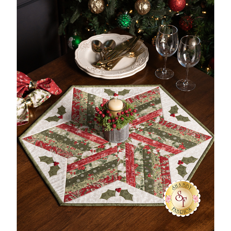 Cardinal Birds and top Holly Leaves - Quilted Scrappy Patchwork Winter Christmas Holiday Quilt Table Topper Mat Decoration