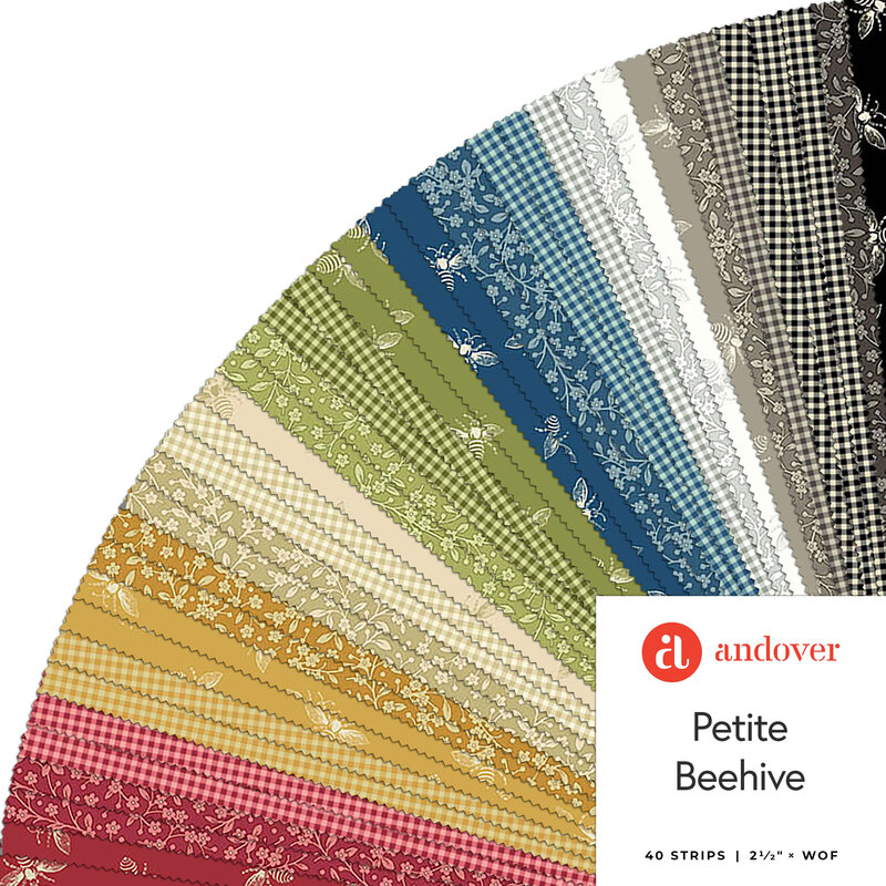 A fanned collage of red, yellow, green, blue, and gray fabrics with an Andover Petite Beehive tag in the bottom right corner