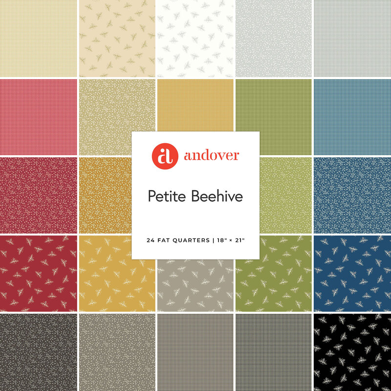 A square collage of red, yellow, green, blue, and gray fabrics with an Andover Petite Beehive tag in the center