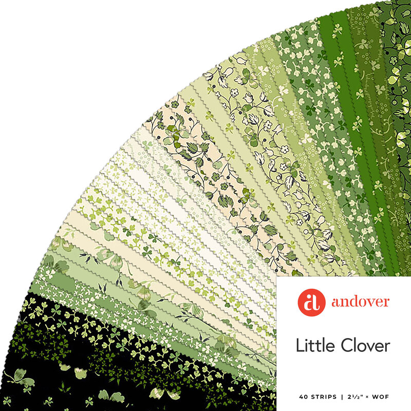 A fanned collage of the black, green, white, and cream fabrics included in the Little Clover 2-1/2