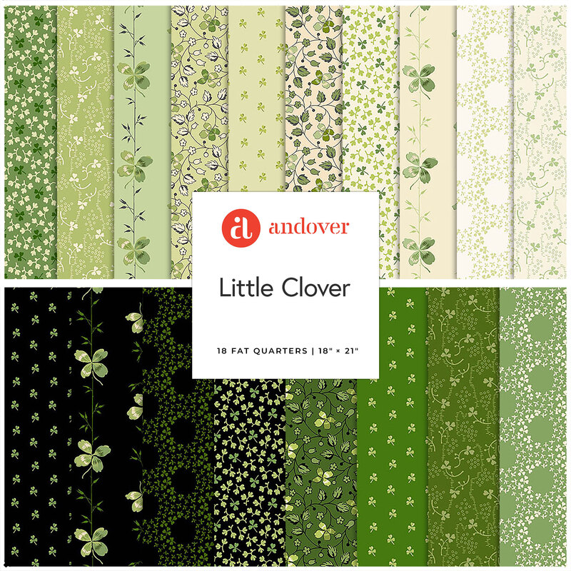 A collage of the black, green, white, and cream fabrics included in the Little Clover FQ Set.