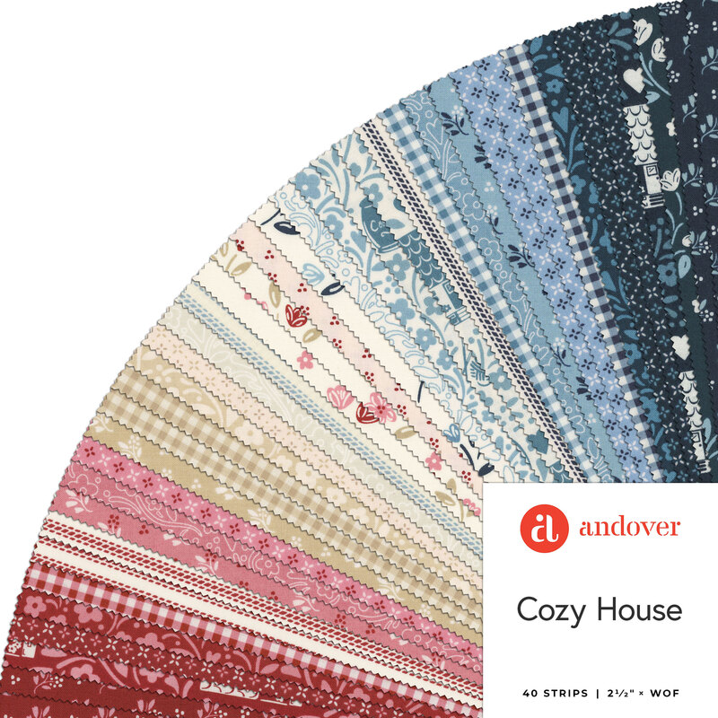 A fanned collage of the red, blue, cream, and light tan fabrics included in the Cozy House 2-1/2