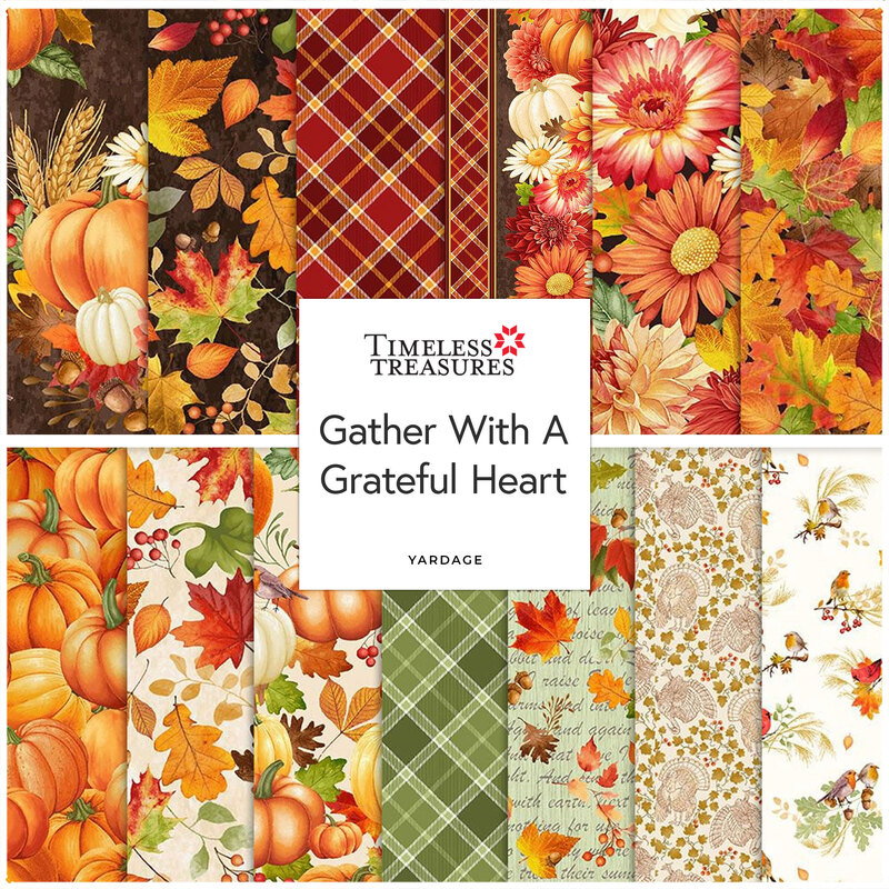 A collage of fabrics in the Gather with a Grateful Heart collection featuring autumn themed designs