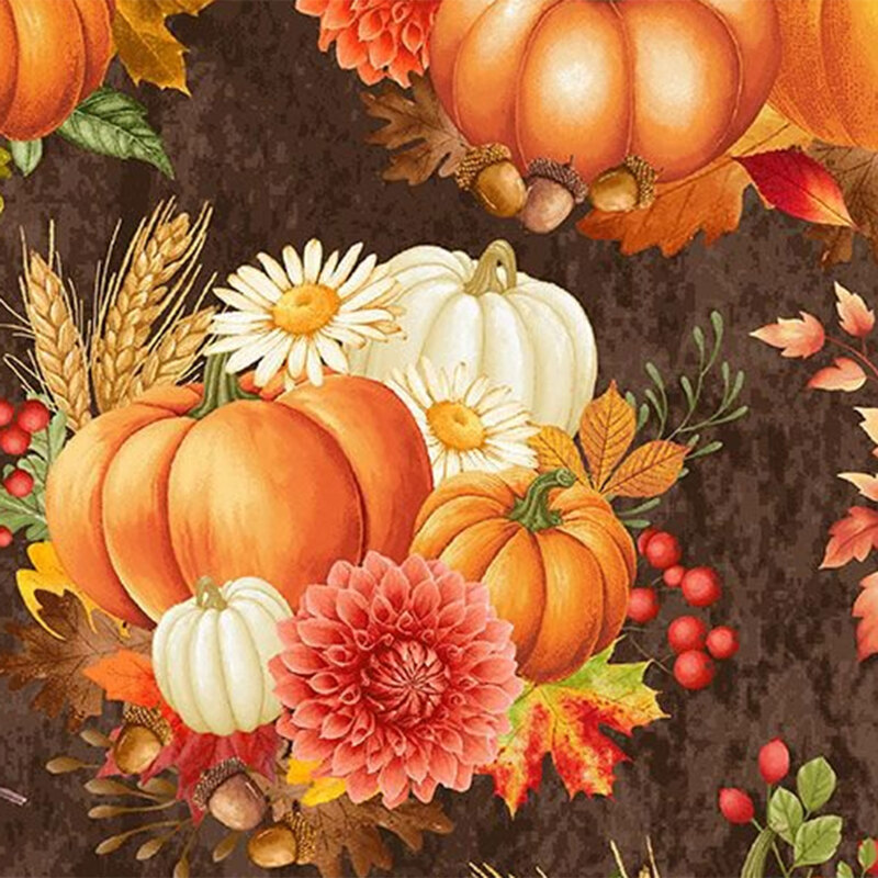 Espresso brown fabric with tossed clusters of pumpkins, florals, leaves, and berries.