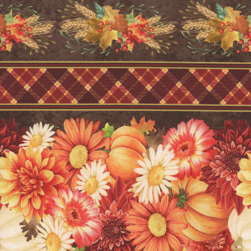 Border stripe print with pumpkins, autumn florals, harvest clusters, and red plaid elements.