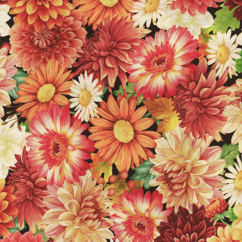 Fabric with densely packed autumn florals.