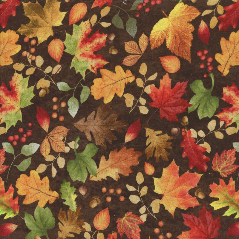 Dark brown fabric with colorful tossed autumn leaves, berries, and acorns.