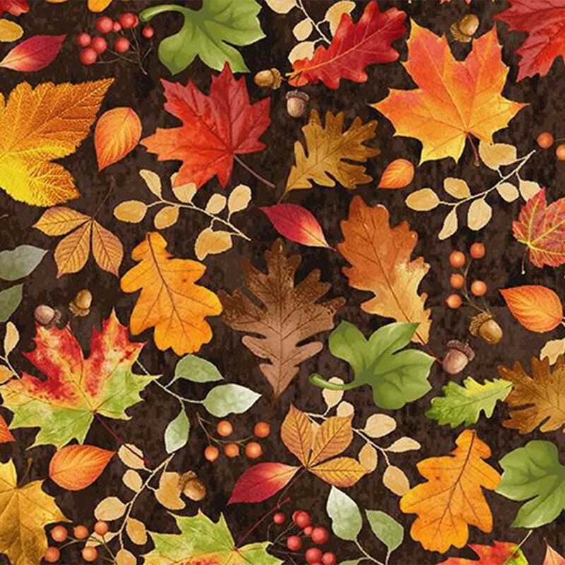 Dark brown fabric with colorful tossed autumn leaves, berries, and acorns.