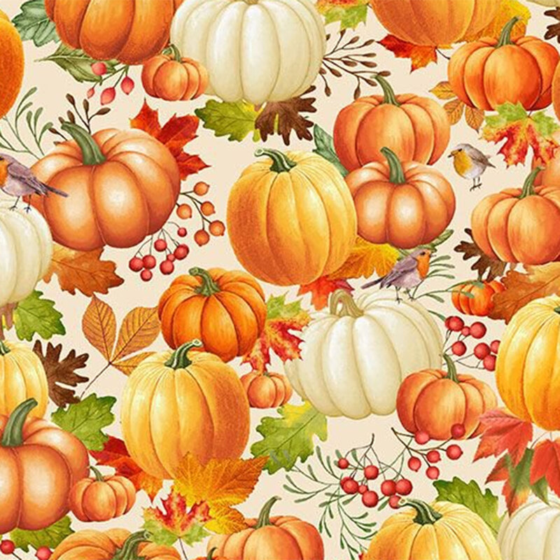 Cream fabric with tossed clusters of orange and white pumpkins along with scattered leaves, berries, and birds.