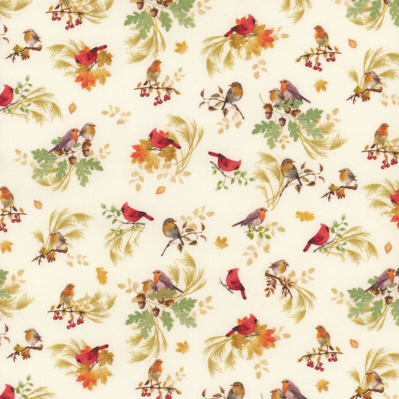 Cream fabric with a pattern of robins and cardinals perched on various branches, leaves, and wheat sprigs.