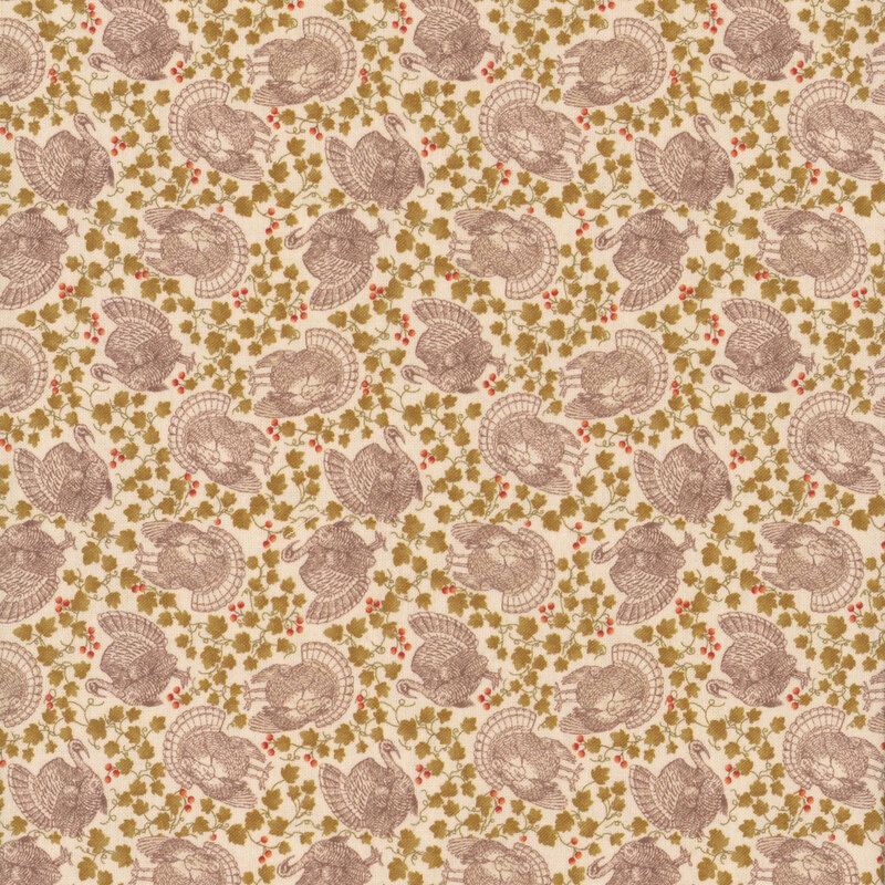 Cream fabric with tossed light tan turkeys, maple leaves, berries, and vines.