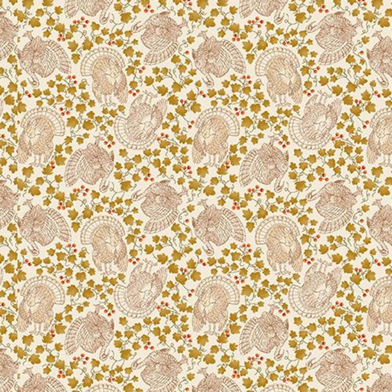 Cream fabric with tossed light tan turkeys, maple leaves, berries, and vines.