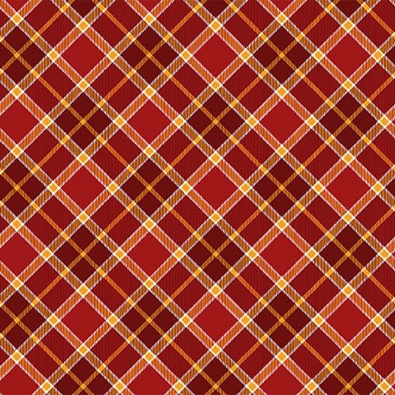 Diagonal and tonal red and maroon plaid print.