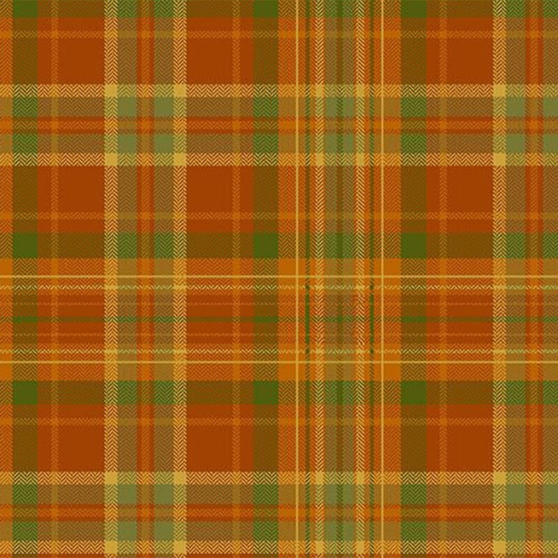 Orange, green, and gold plaid fabric with metallic accents.