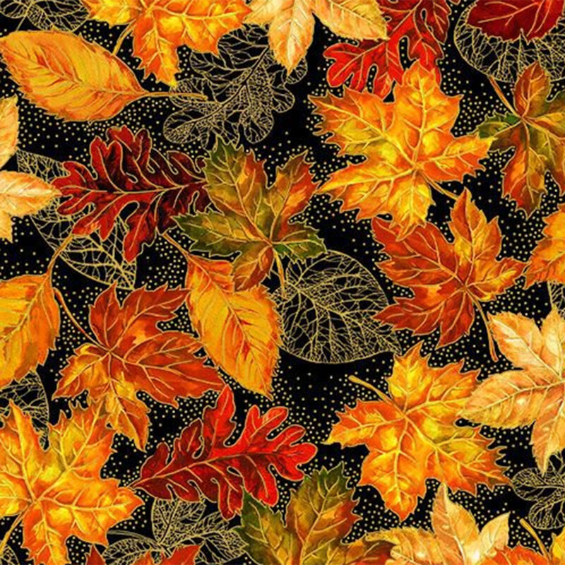 Black fabric with scattered fall leaves with metallic accents.