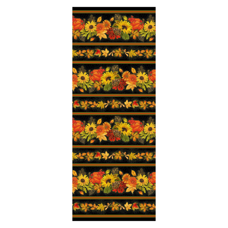 Digital version of the full print repeat, showing several lines of bright yellow sunflowers, autumn pumpkins, and various autumn leaves on a black background.