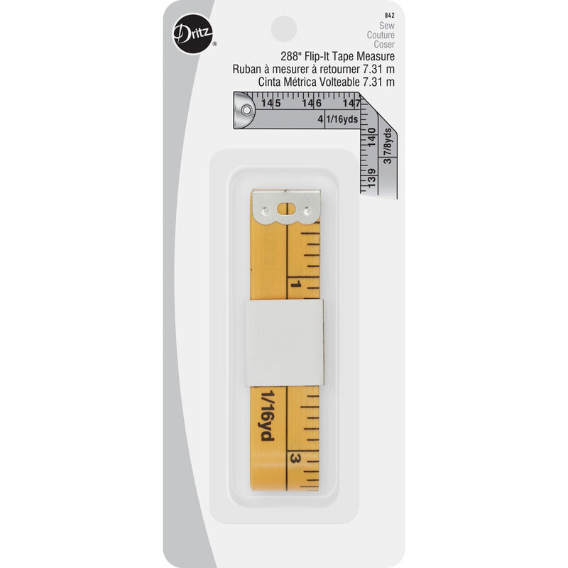 Yellow tape measure displayed on packaging, featuring both standard and metric measurements.