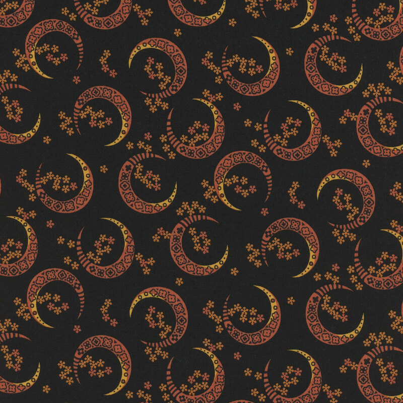 A repeating pattern of crescents and floral designs in orange and gold on a black background.