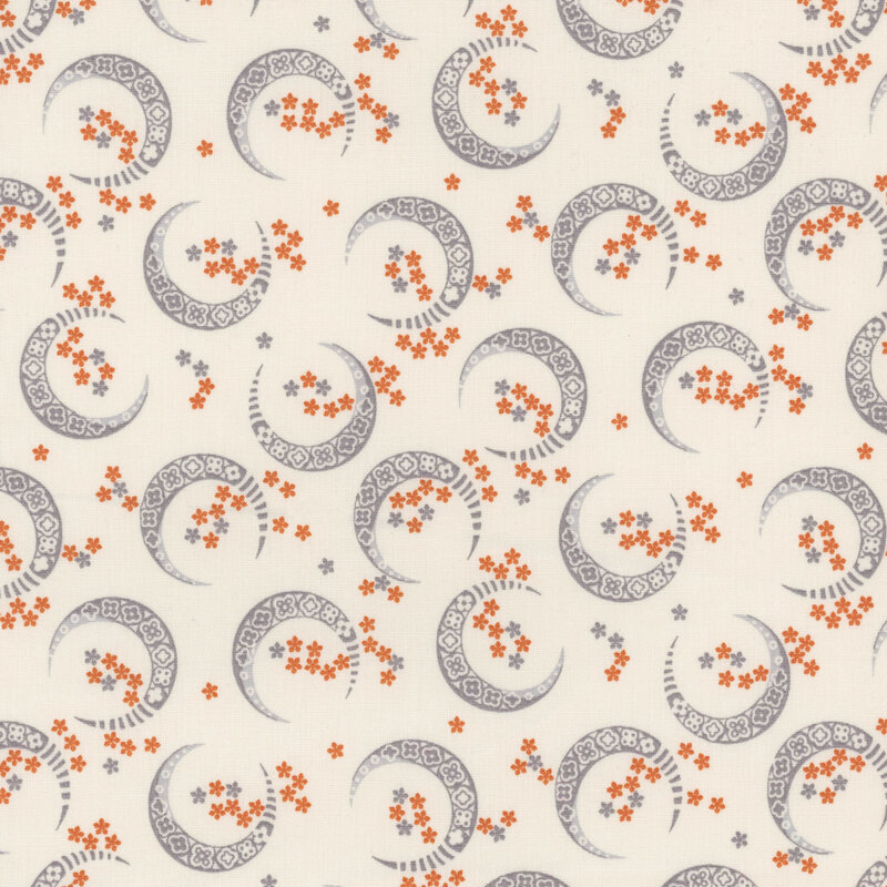 A repeating pattern of crescents and floral designs in gray and orange on a cream background.